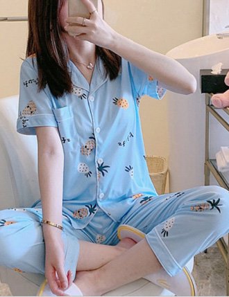Đồ bộ sau sinh pijama dễ thương màu xanh