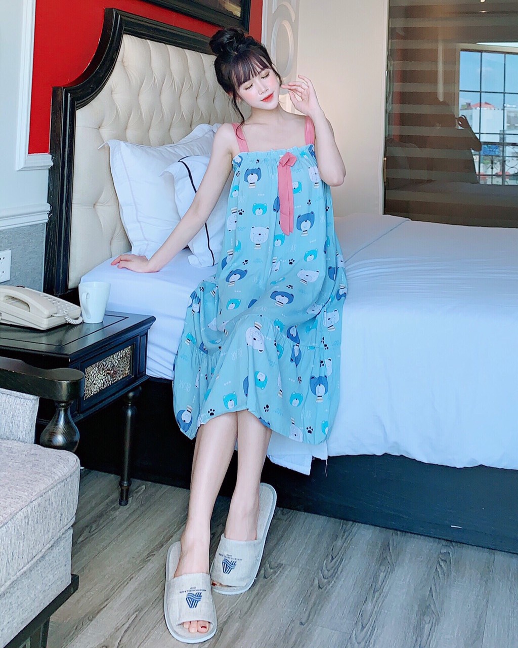 Đầm bầu mặc nhà ngủ 2 dây lanh siêu mát màu xanh biển
