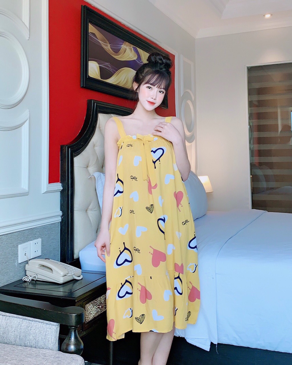 Đầm bầu mặc nhà ngủ 2 dây lanh siêu mát màu vàng